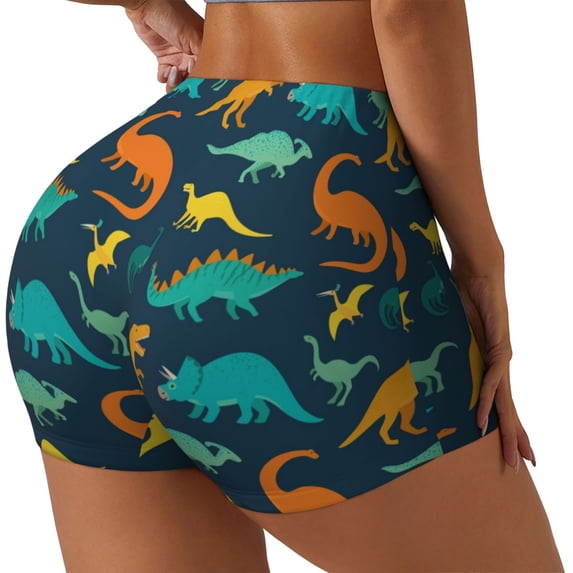 Lsque Colorful Dinosaur Pattern High Waisted Biker Shorts for Women-Tummy Control Fitness Athletic Workout Running Yoga Gym Shorts,Moisture-Wicking-X-Large