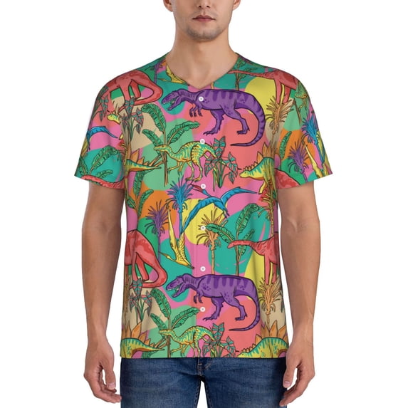 Lsque Colorful Dinosaur Pattern Mens Polo Golf Shirts Funny Graphics Shorts Sleeve Button Shirts Baseball T-shirt-Large