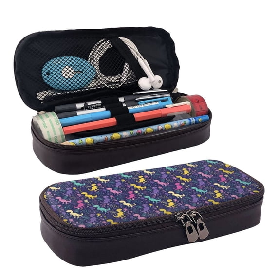 Lsque Colorful Dinosaur Printed Big Capacity PU Leather Pencil Case Large Pencil Pouch Stationery Pen Bag Pencil Holder for Teen
