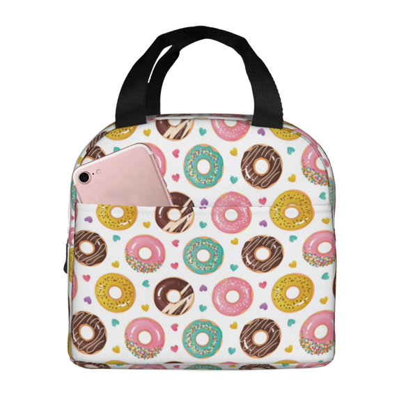Lsque Colorful Donuts Pattern Lunch Bag Women/Men Insulated Lunch Box,Small Leakproof Cooler Food Lunch Containers Reusable High Capacity Lunch Tote Bags