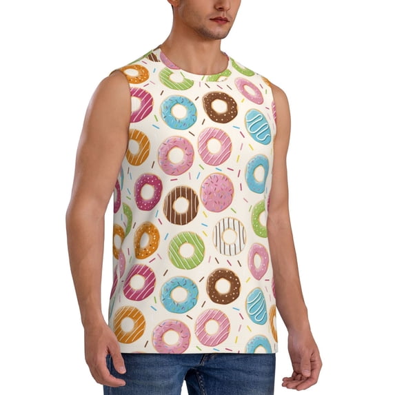 Lsque Colorful Donuts Print Men's Cotton Blend Sleeveless Muscle Shirts (S-3XL)- Moisture Wicking, Odor Protection, UPF 30+,Small