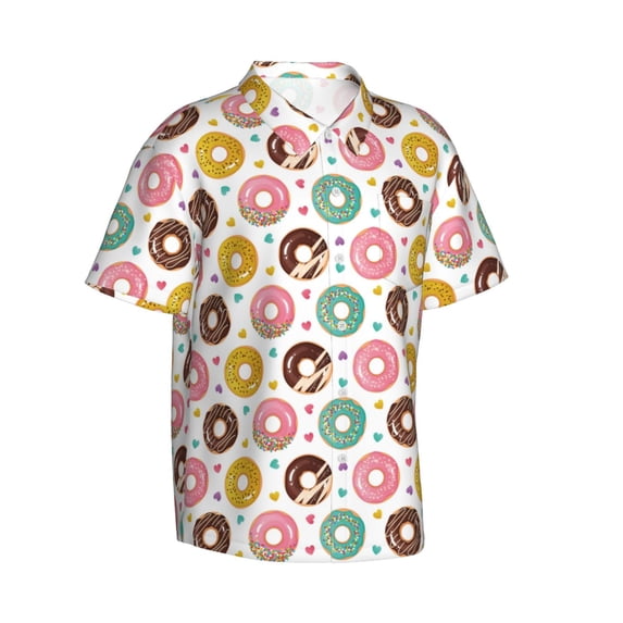 Lsque Colorful Donuts pattern Hawaiian Shirt for Men, Unisex Summer Beach Casual Short Sleeve Button Down Shirts-Medium