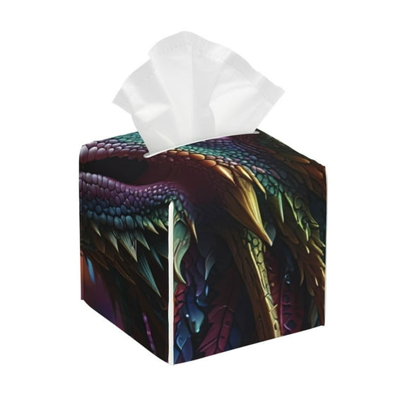 Lsque Colorful Dragon Head Profile Printed Tissue Box Cover Holder, Facial Paper Organizer Dispenser,Square with Bottom Belt, PVC Leather Decorative Organizer