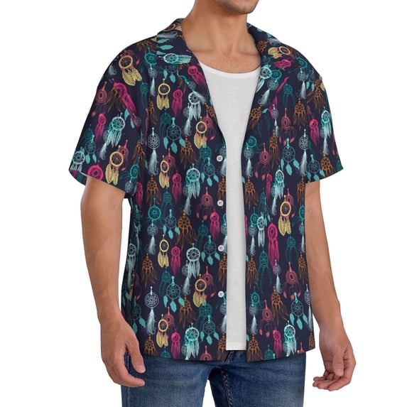 Lsque Colorful Dreamcatcher1 print Men's Cuban Collar Short Sleeve Shirt Summer Beachwear Casual Button Down Fashionable Vacation Leisure Shirt-Large