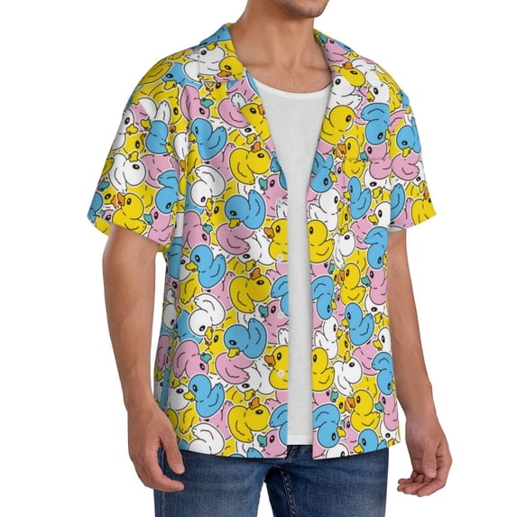 Lsque Colorful Duck print Men's Cuban Collar Short Sleeve Shirt Summer Beachwear Casual Button Down Fashionable Vacation Leisure Shirt-Medium