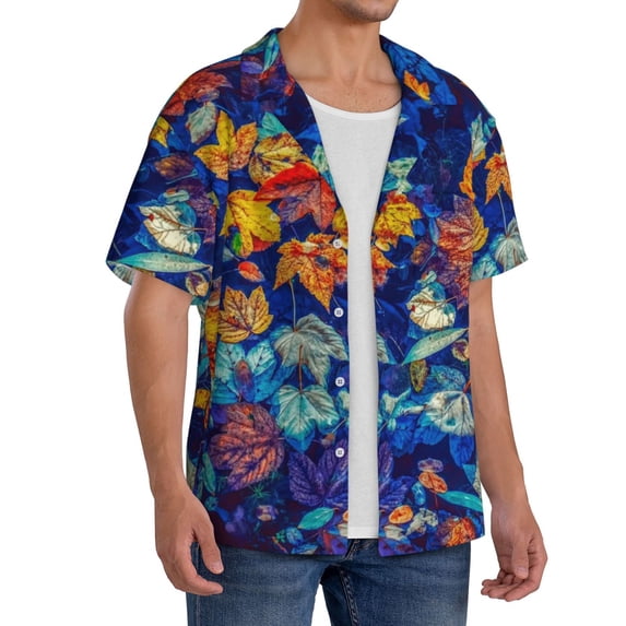 Lsque Colorful Fall Leaves print Men's Cuban Collar Short Sleeve Shirt Summer Beachwear Casual Button Down Fashionable Vacation Leisure Shirt-X-Large