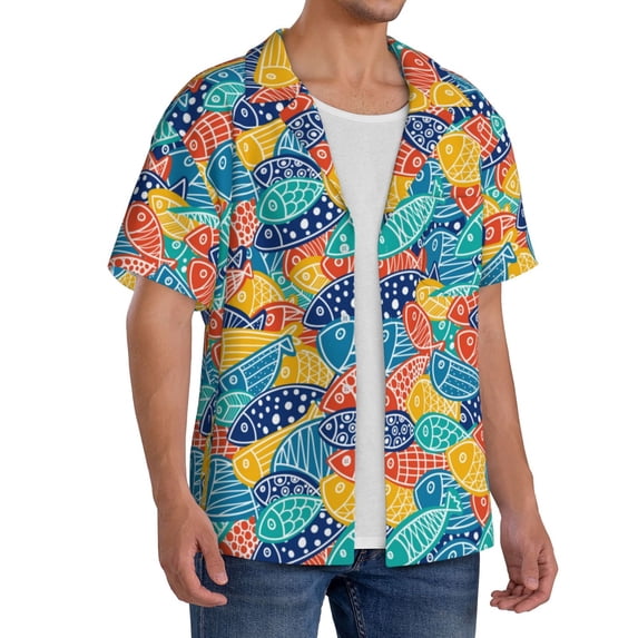 Lsque Colorful Fish 1 print Men's Cuban Collar Short Sleeve Shirt Summer Beachwear Casual Button Down Fashionable Vacation Leisure Shirt-XX-Large