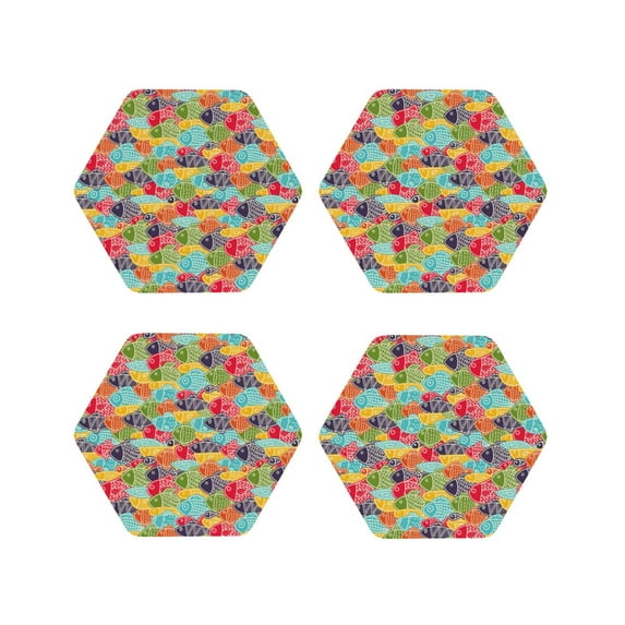 Lsque Colorful Fish 2 Pattern 4" Drink Coasters Set of 4, PVC Leather Absorbent Coasters, Table Coaster Set Decorative Coffee Cup Coasters Housewarming Gift -Hexagon