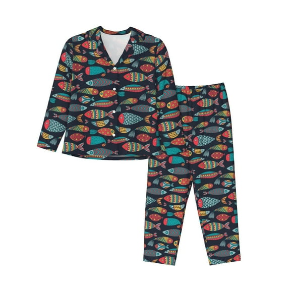 Lsque Colorful Fish Pattern Long Sleeve Pajama Set for Women - Soft 2-Piece Sleepwear and Loungewear Set with Pockets, Comfy Nightwear-Small