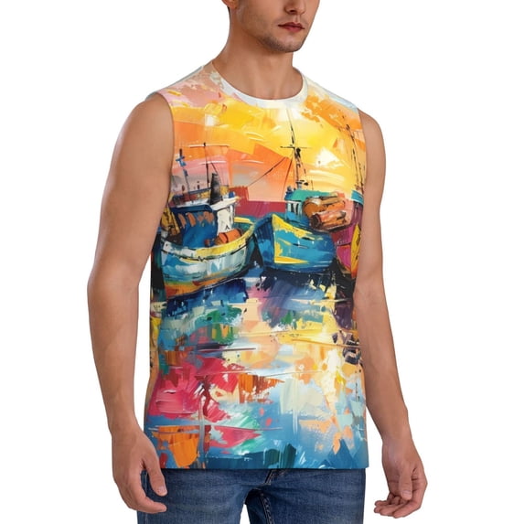 Lsque Colorful Fishing Boats Print Men's Cotton Blend Sleeveless Muscle Shirts (S-3XL)- Moisture Wicking, Odor Protection, UPF 30+,X-Large