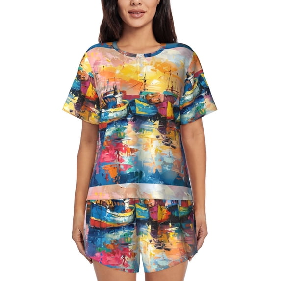 Lsque Colorful Fishing Boats Women's Short-Sleeved Pajama Set - 2 Piece Soft and Lightweight Sleepwear Set-4X-Large