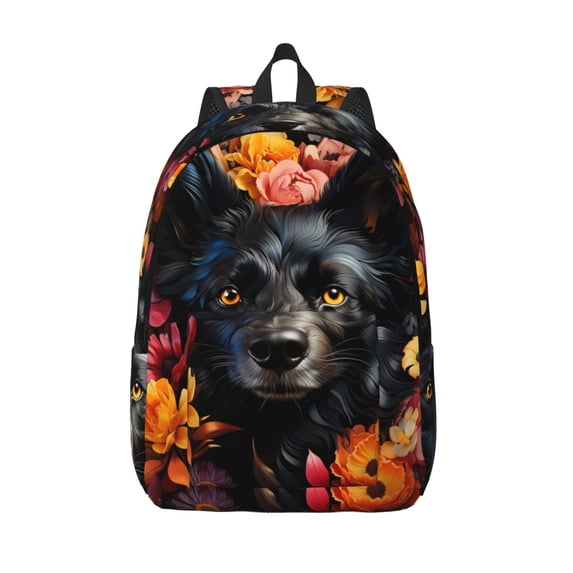 Lsque Colorful Floral Black Dog Pattern Canvas Daypack, Durable Backpack, High-quality Versatile Backpack,Vintage Compact Backpack-Medium