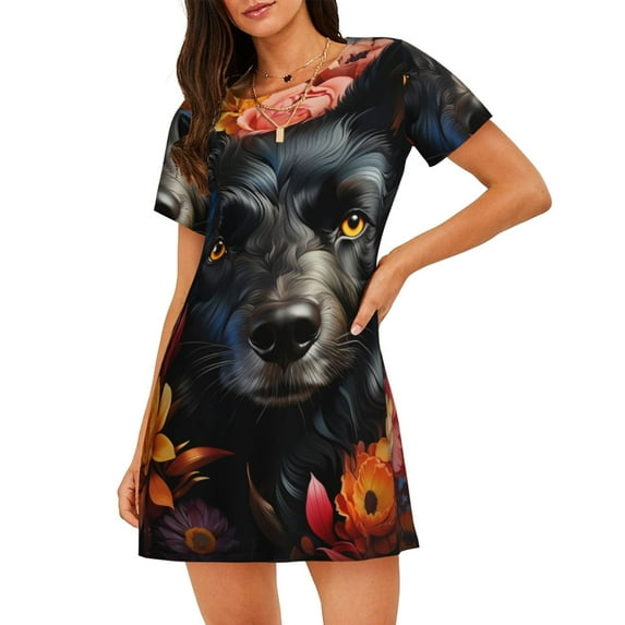 Lsque Colorful Floral Black Dog Pattern Nightgowns for Women Sleep Shirts Short Sleeve Nightshirt Pullover Nightdress Soft Sleepwear Relaxed Fit Nightdress