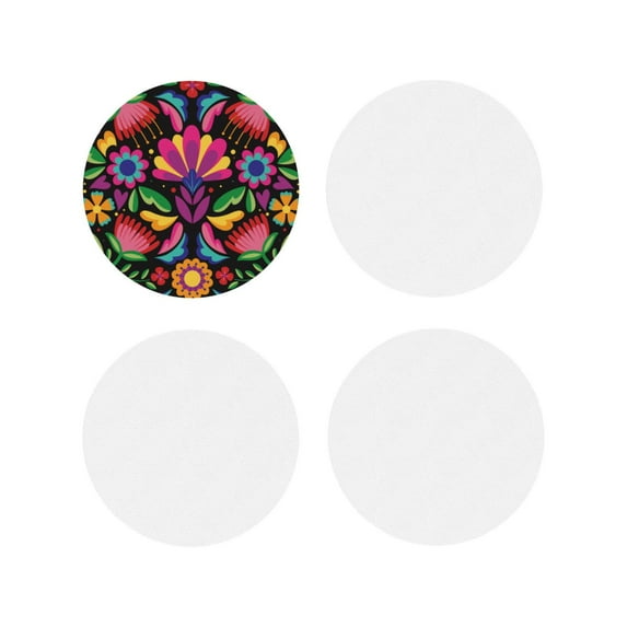Lsque Colorful Floral Embroidery Mexican Pattern 4" Drink Coasters Set of 4, PVC Leather Absorbent Coasters, Table Coaster Set Decorative Coffee Cup Coasters Housewarming Gift -Round Shape