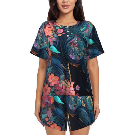 Lsque Colorful Floral Patterned Horse Women's Short-Sleeved Pajama Set - 2 Piece Soft and Lightweight Sleepwear Set-Large