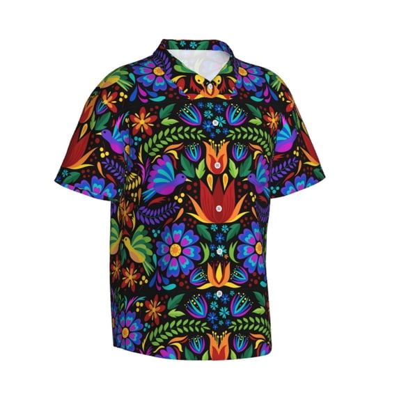 Lsque Colorful Floral pattern Hawaiian Shirt for Men, Unisex Summer Beach Casual Short Sleeve Button Down Shirts-Large