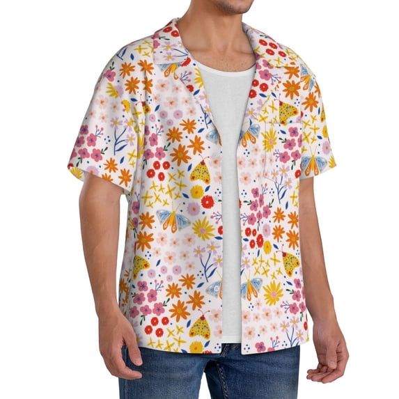 Lsque Colorful Floral print Men's Cuban Collar Short Sleeve Shirt Summer Beachwear Casual Button Down Fashionable Vacation Leisure Shirt-XX-Large