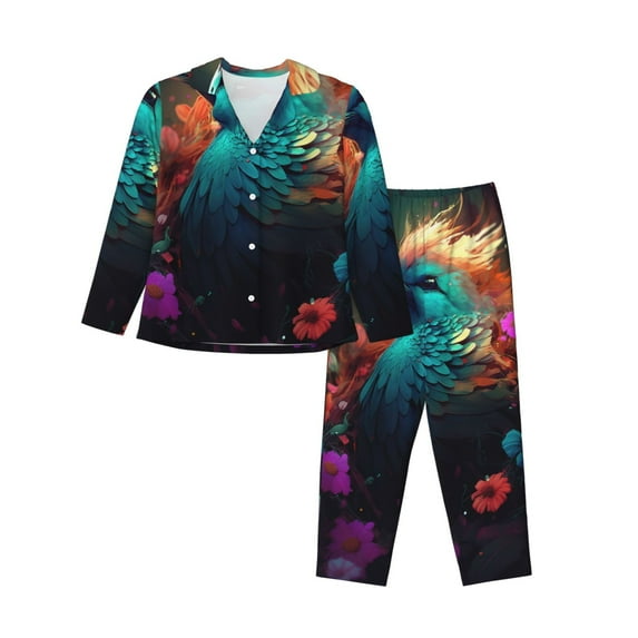Lsque Colorful Flower Bird Pattern Long Sleeve Pajama Set for Women - Soft 2-Piece Sleepwear and Loungewear Set with Pockets, Comfy Nightwear-Small