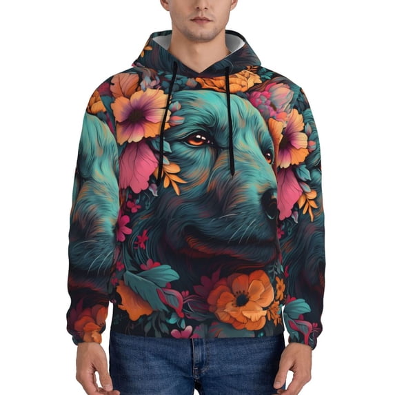 Lsque Colorful Flower Dog A Pattern Casual Men's Hoodie,Hooded Sweatshirt with Kangaroo Pocket,Pullover Hoodie-Small