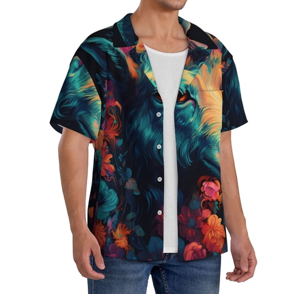 Lsque Colorful Flower Goat print Men's Cuban Collar Short Sleeve Shirt Summer Beachwear Casual Button Down Fashionable Vacation Leisure Shirt-X-Large