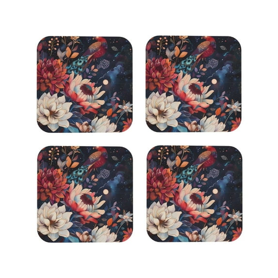 Lsque Colorful Flower Peacock Pattern 4" Drink Coasters Set of 4, PVC Leather Absorbent Coasters, Table Coaster Set Decorative Coffee Cup Coasters Housewarming Gift -Square
