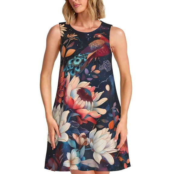 Lsque Colorful Flower Peacock Pattern Summer Dresses for Women – Sleeveless T-Shirt Swing Sundress, Perfect for the Beach and Casual Days