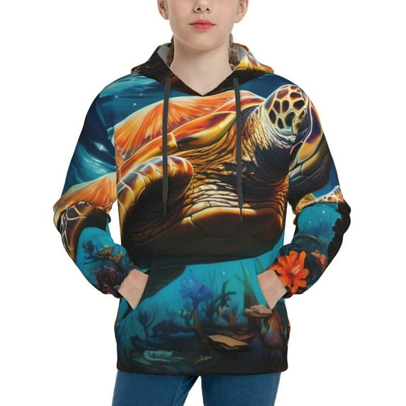 Lsque Colorful Flower Sea Turtle Patten Youth Hoodie Sweatshirt Pullover with Kangaroo Pocket Boys and Girls Hoodie Warm Hoodie for Kids-Small