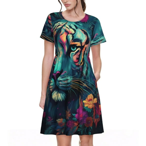 Lsque Colorful Flower Tiger Print Women's Casual Dress T-Shirt Summer Short Sleeve Scoop Neck Swing Dresses