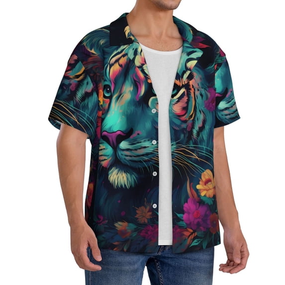 Lsque Colorful Flower Tiger print Men's Cuban Collar Short Sleeve Shirt Summer Beachwear Casual Button Down Fashionable Vacation Leisure Shirt-3X-Large