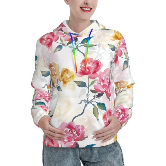 Lsque Colorful Flowers Pattern Casual Women's Hoodie,Hooded Sweatshirt with Kangaroo Pocket,Pullover Hoodie with Eye-catching Drawstrings-XX-Large