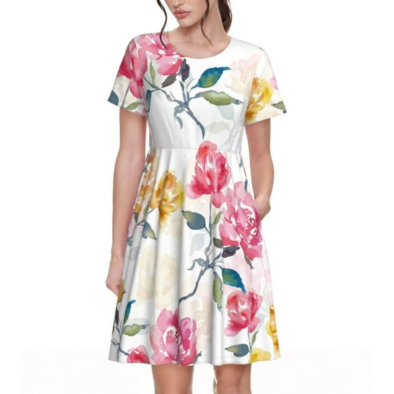 Lsque Colorful Flowers Print Women's Casual Dress T-Shirt Summer Short Sleeve Scoop Neck Swing Dresses