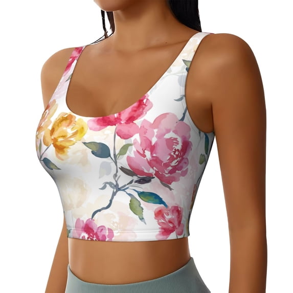 Lsque Colorful Flowers Printed Women'S Sports Bra, Compression, Moisture Wicking, High-Impact Sports Bra For Women,Supportive sports bra-Large