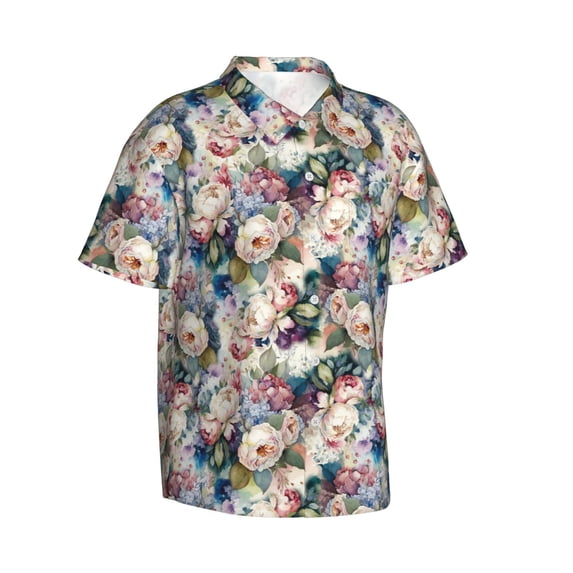Lsque Colorful Flowers pattern Hawaiian Shirt for Men, Unisex Summer Beach Casual Short Sleeve Button Down Shirts-Large
