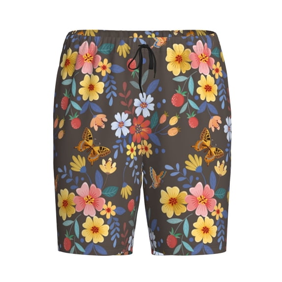 Lsque Colorful Flowers with Butterfly Mens Sleep Pajama Shorts,Short Pajama Pants, Cotton Ultra-Soft Knit-4X-Large