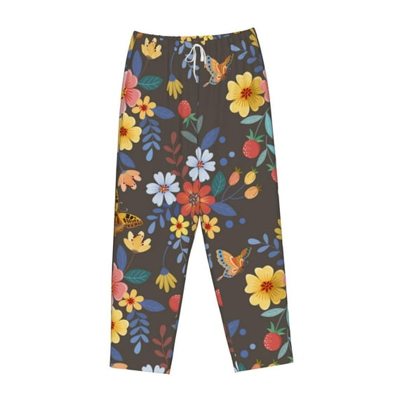 Lsque Colorful Flowers with Butterfly Print Women's Pajama Pants, Lounge Pant - Comfortable Home Wear,Elastic Waistband, Stylish Design-XX-Large
