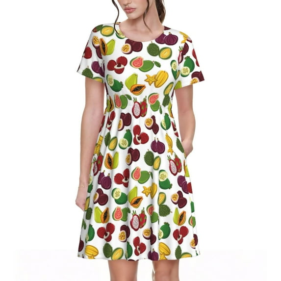 Lsque Colorful Fruits Print Women's Casual Dress T-Shirt Summer Short Sleeve Scoop Neck Swing Dresses