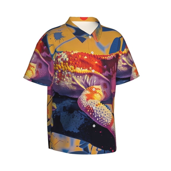 Lsque Colorful Gecko Jungle Art pattern Hawaiian Shirt for Men, Unisex Summer Beach Casual Short Sleeve Button Down Shirts-3X-Large