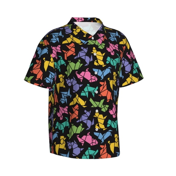 Lsque Colorful Geometric Dog pattern Hawaiian Shirt for Men, Unisex Summer Beach Casual Short Sleeve Button Down Shirts-XX-Large