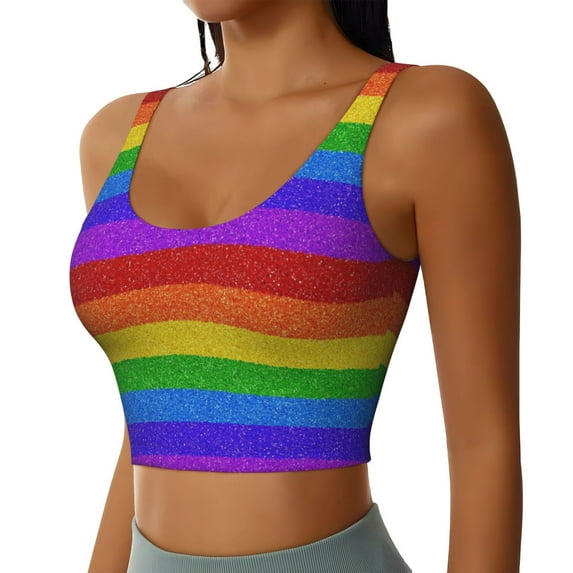 Lsque Colorful Glitter Rainbow Printed Women'S Sports Bra, Compression, Moisture Wicking, High-Impact Sports Bra For Women,Supportive sports bra-Small