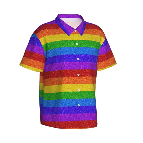 Lsque Colorful Glitter Rainbow pattern Hawaiian Shirt for Men, Unisex Summer Beach Casual Short Sleeve Button Down Shirts-Small