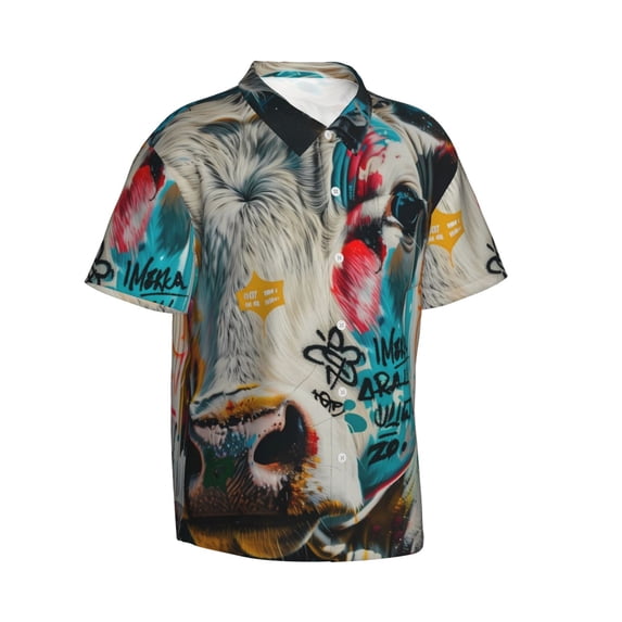 Lsque Colorful Graffiti Cow pattern Hawaiian Shirt for Men, Unisex Summer Beach Casual Short Sleeve Button Down Shirts-Small