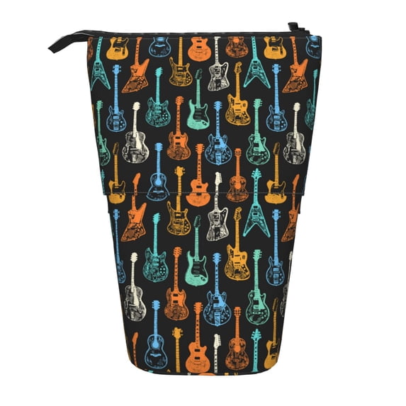 Lsque Colorful Guitar Pattern Telescopic Pencil Bag Pen Holder Stationery Case, Stand-up Retractable Transformer Bag Organizer