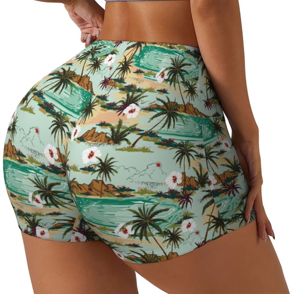 Lsque Colorful Hawaii Palms Pattern High Waisted Biker Shorts for Women-Tummy Control Fitness Athletic Workout Running Yoga Gym Shorts,Moisture-Wicking-Medium