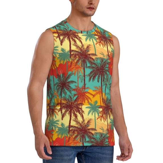 Lsque Colorful Hawaii Palms Print Men's Cotton Blend Sleeveless Muscle Shirts (S-3XL)- Moisture Wicking, Odor Protection, UPF 30+,3X-Large