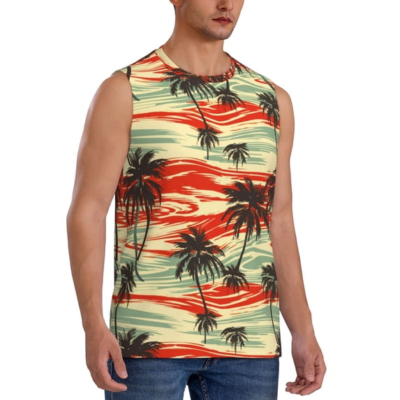 Lsque Colorful Hawaii Palms Print Men's Cotton Blend Sleeveless Muscle Shirts (S-3XL)- Moisture Wicking, Odor Protection, UPF 30+,Medium
