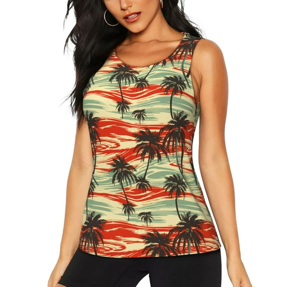 Lsque Colorful Hawaii Palms Printed Workout Tank Tops for Women, Athletic Sports Tank Tops, Compression Sleeveless Dry Fit Shirts,Sleeveless Yoga Shirt-Large