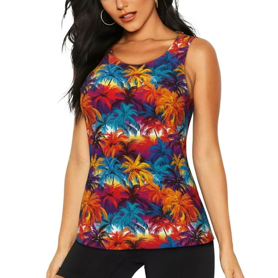 Lsque Colorful Hawaii Palms Printed Workout Tank Tops for Women, Athletic Sports Tank Tops, Compression Sleeveless Dry Fit Shirts,Sleeveless Yoga Shirt-XX-Large