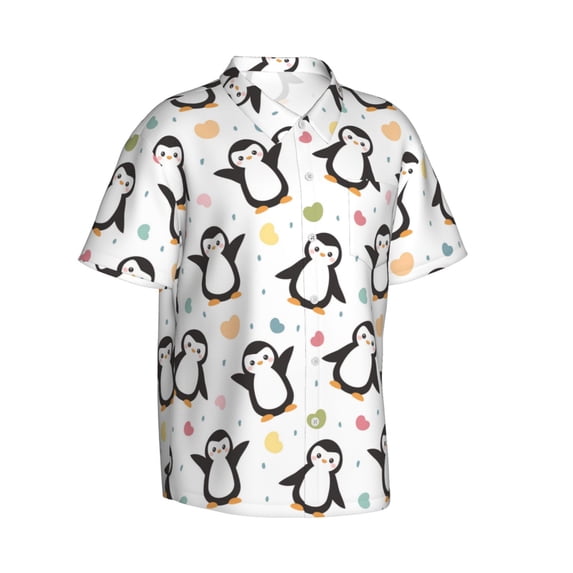 Lsque Colorful Hearts Penguin pattern Hawaiian Shirt for Men, Unisex Summer Beach Casual Short Sleeve Button Down Shirts-Medium