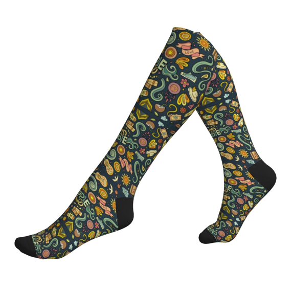 Lsque Colorful Hippie Pattern Sport Compression Socks for Men & Women 15-20 mmHg Knee High Nurse Pregnant Running Medical and Travel Athletic