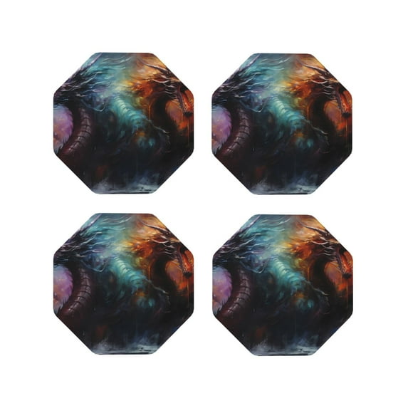 Lsque Colorful Ink Style Dragon Pattern 4" Drink Coasters Set of 4, PVC Leather Absorbent Coasters, Table Coaster Set Decorative Coffee Cup Coasters Housewarming Gift -Octagon